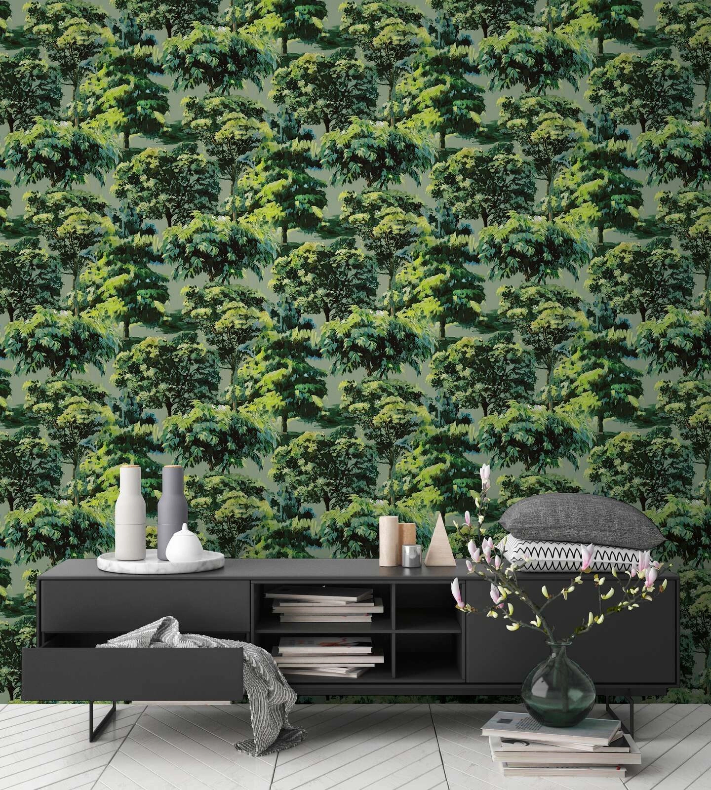 Mosható dekor tapéta fa mintával zöld színben