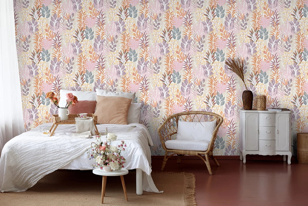 Mosható dekor tapéta fehér és fényes arany, rózaszín és lila sokszínű mező mintával