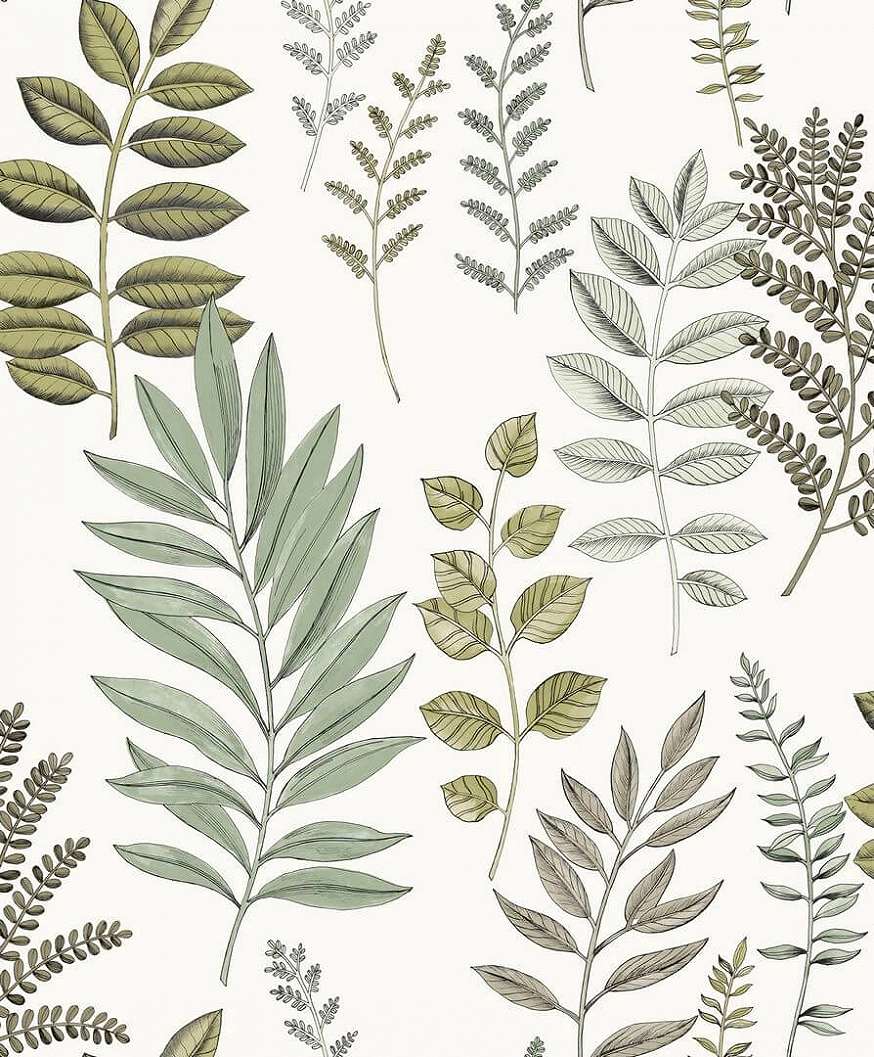 Mosható dekor tapéta fehér hátterű zöld színes vertikális levél mintával