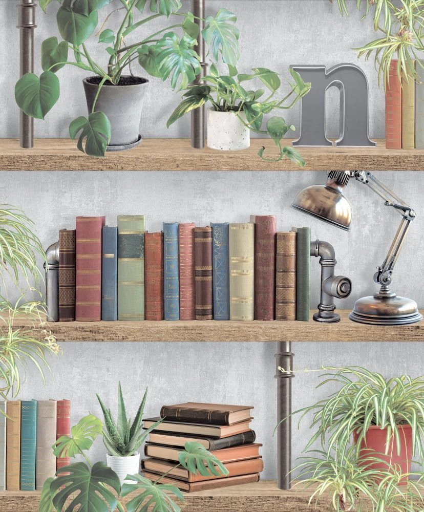 Mosható dekor tapéta fehér könyvespolc virágokkal mintával