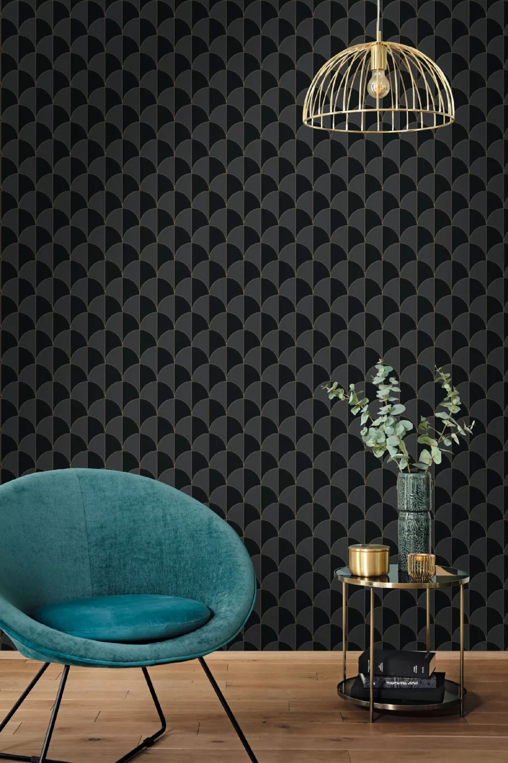 Mosható dekor tapéta geometrikus legyező mintával metálos arany fekete és szürke színben