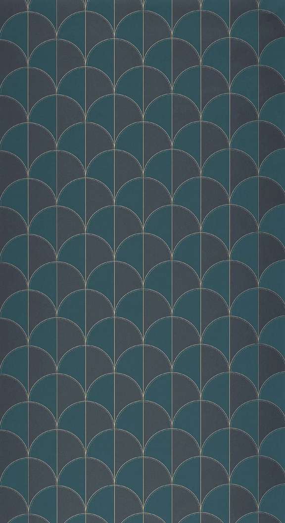 Mosható dekor tapéta geometrikus legyező mintával metálos arany kék és szürke színben