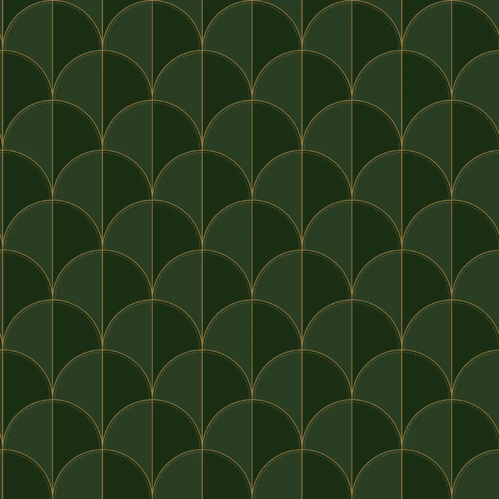 Mosható dekor tapéta geometrikus legyező mintával metálos arany sötétzöld színben