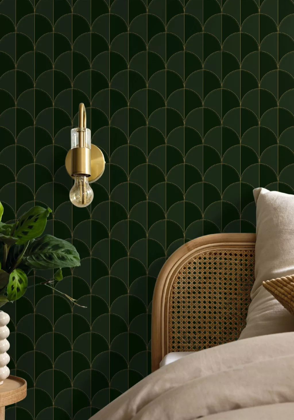 Mosható dekor tapéta geometrikus legyező mintával metálos arany sötétzöld színben