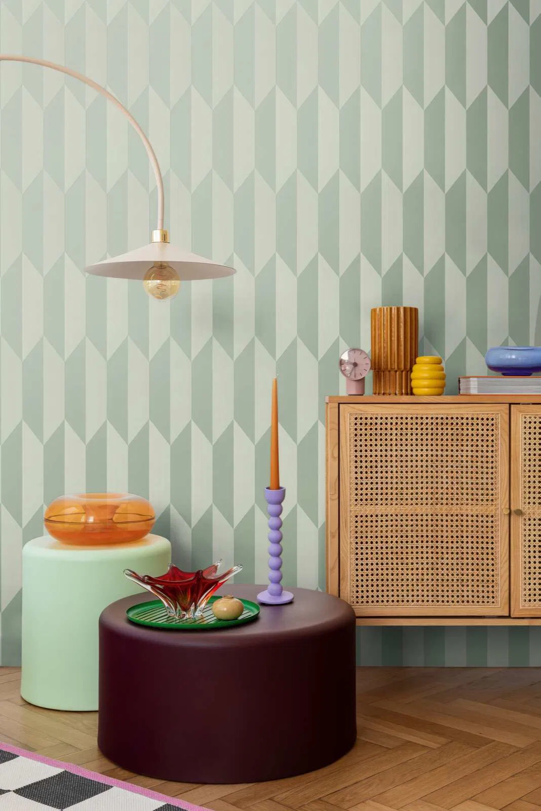 Mosható dekor tapéta geometrikus mintával fényes és matt zöld színben