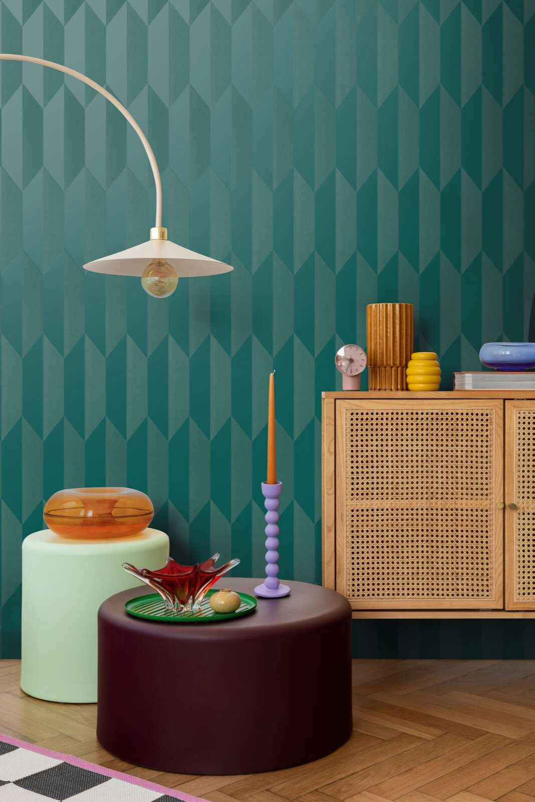 Mosható dekor tapéta geometrikus mintával fényes és matt zöld színben