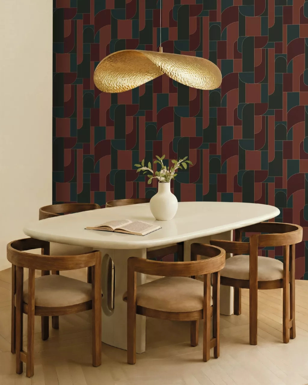 Mosható dekor tapéta geometrikus mintával metálos arany, bordó és sötétzöld színben