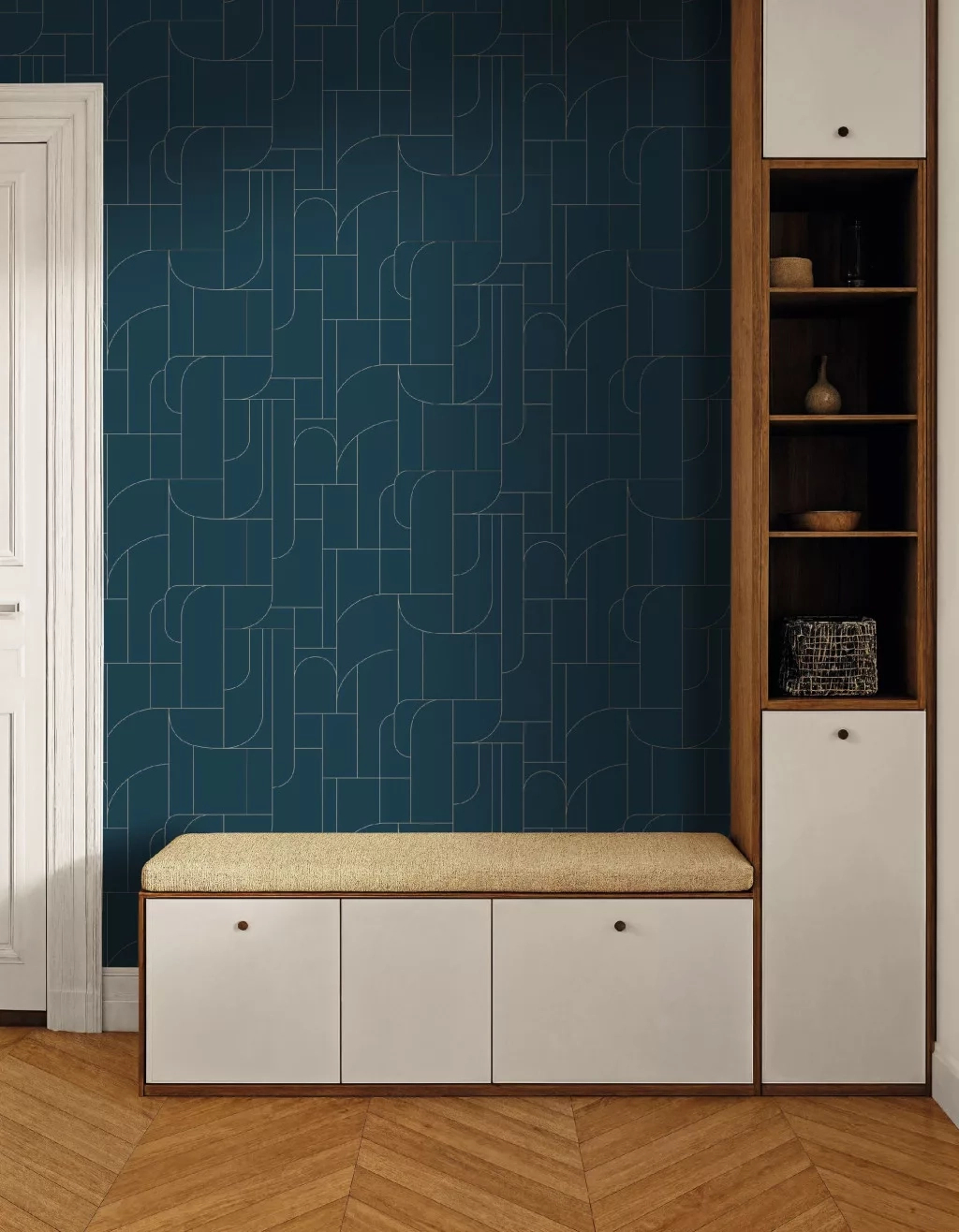 Mosható dekor tapéta geometrikus mintával metálos arany és sötétkék színben