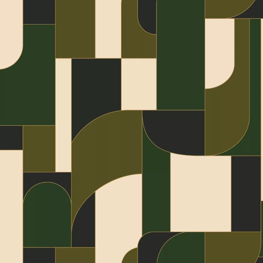 Mosható dekor tapéta geometrikus mintával metálos arany és zöld színben