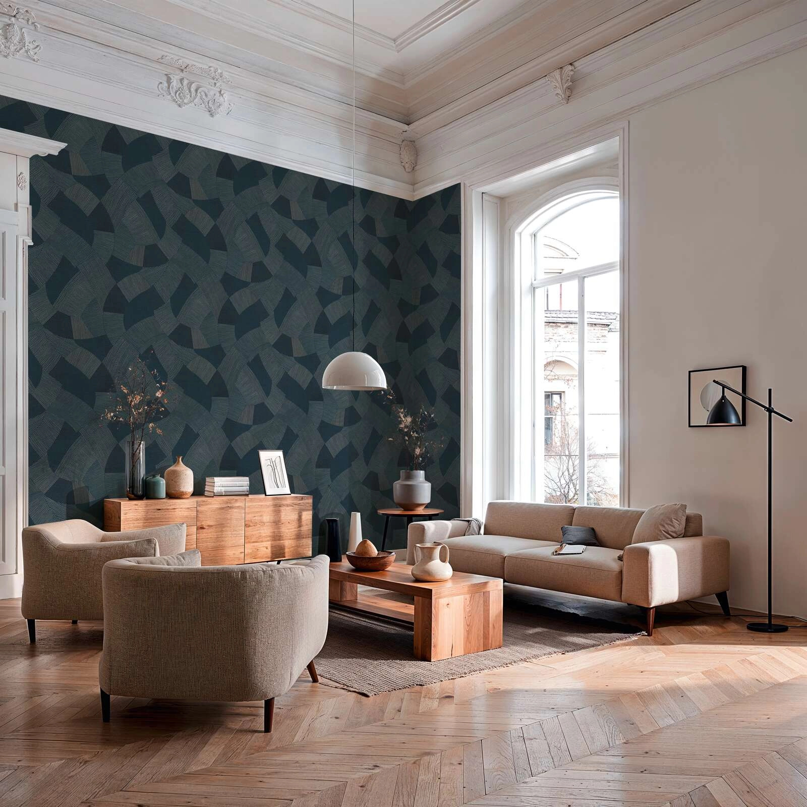 Mosható dekor tapéta geometrikus mintával metálos ezüst és matrózkék színben