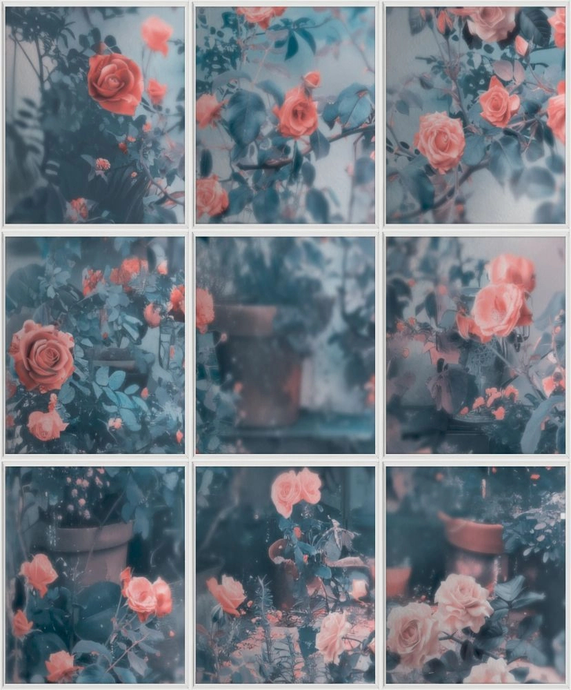 Mosható dekor tapéta kék leveles piros rózsakert ablakkerettes mintával