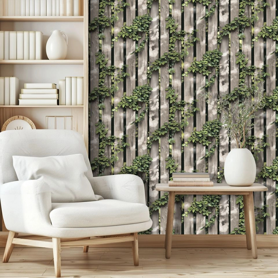 Mosható dekor tapéta kerítás deszkák levél mintával szürke színben