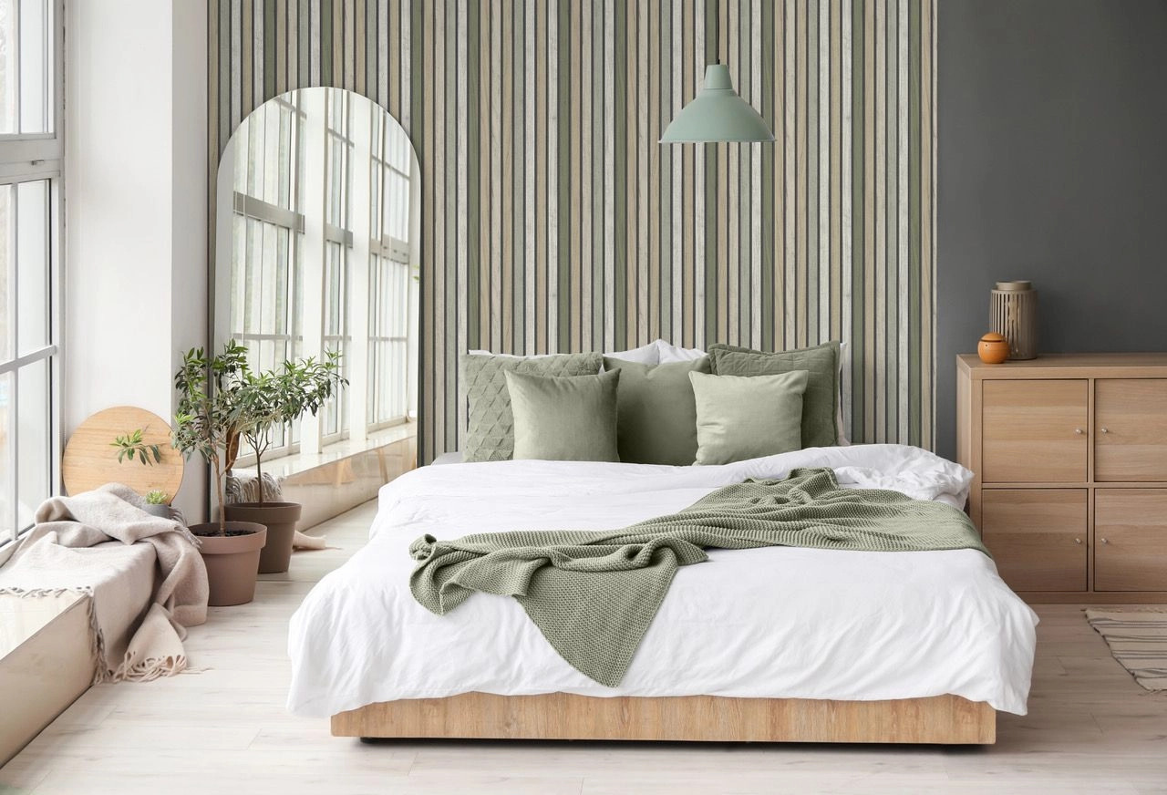 Mosható dekor tapéta keskeny csíkos fahatású mintával zöldesszürke színben