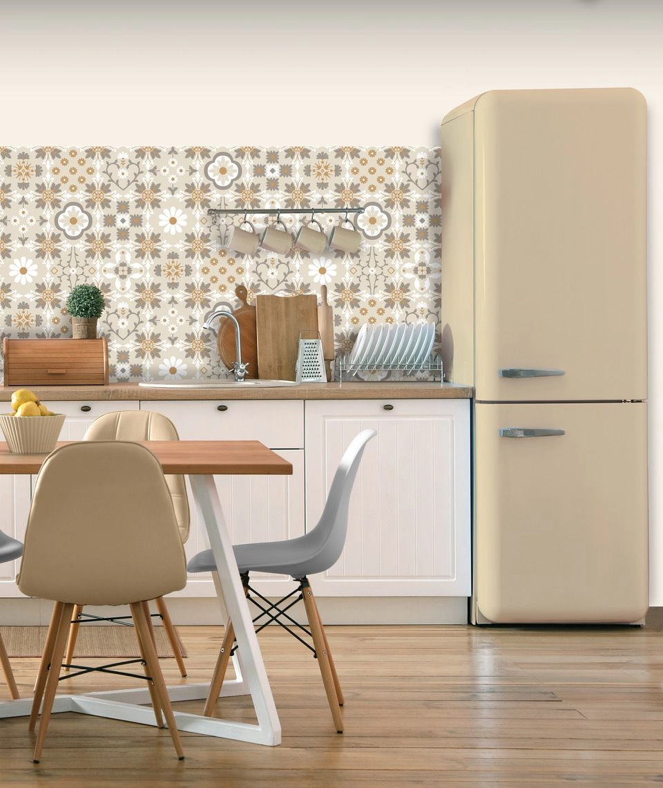 Mosható dekor tapéta klasszikus csempe mintával beige és mustársárga színben