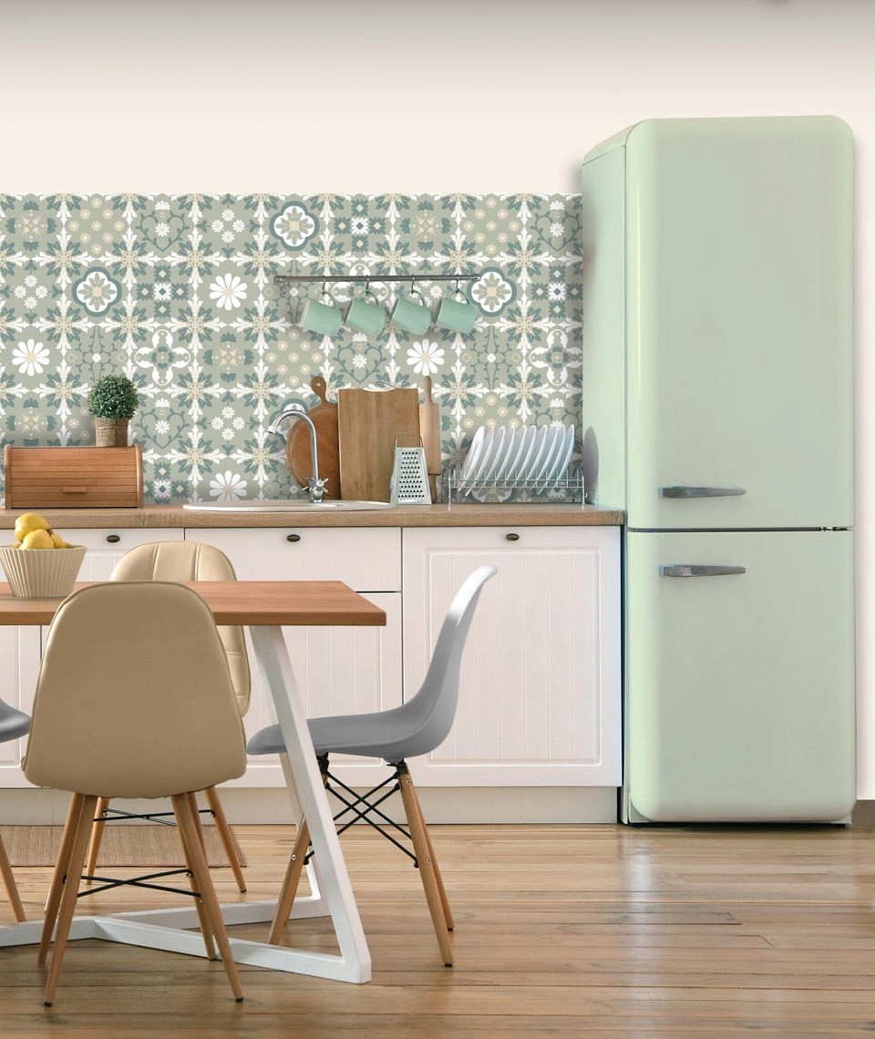 Mosható dekor tapéta klasszikus csempe mintával zsályazöld színben