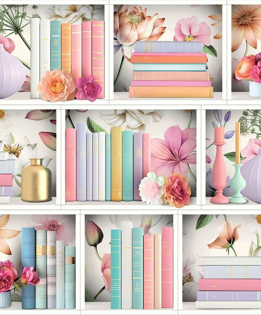 Mosható dekor tapéta könvespolc mintával, fehér és rózsaszín színben