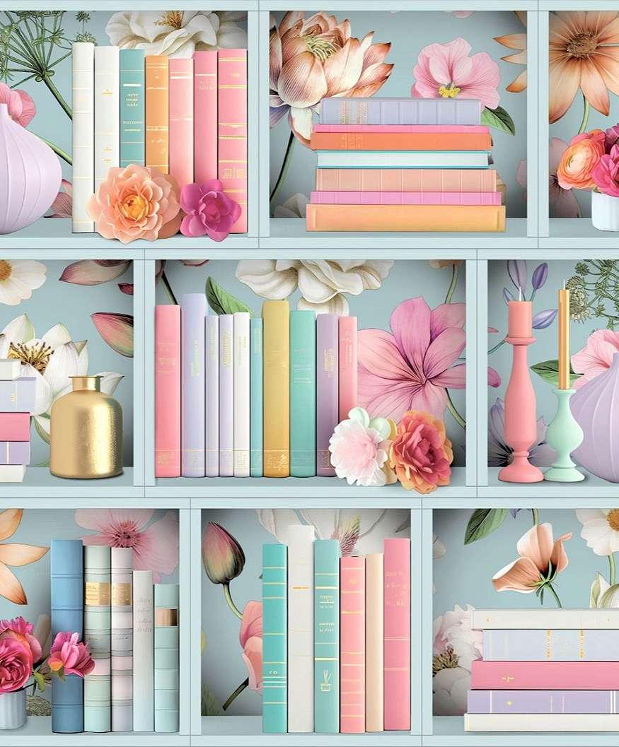 Mosható dekor tapéta könvespolc mintával kék színben