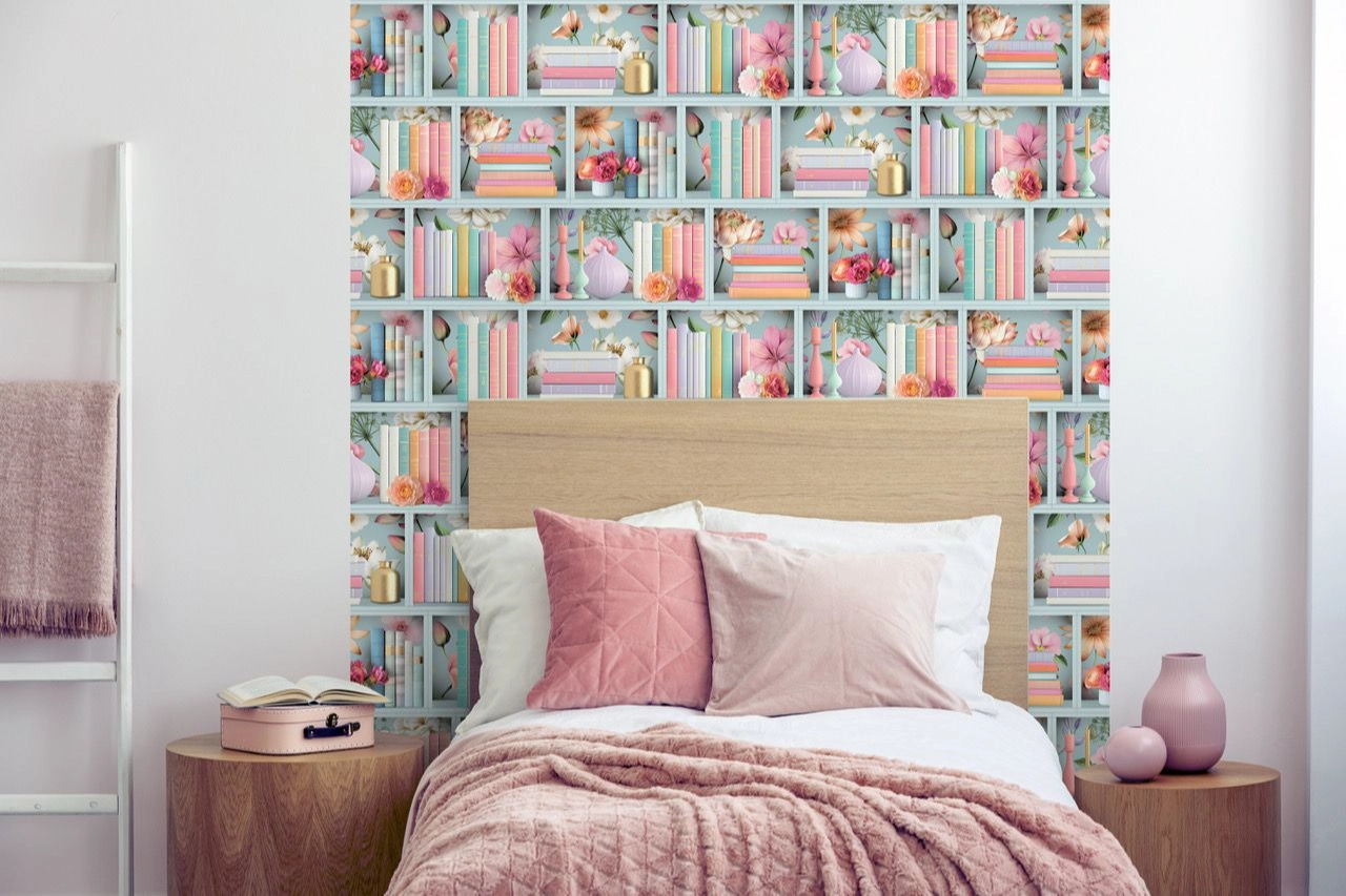 Mosható dekor tapéta könvespolc mintával kék színben