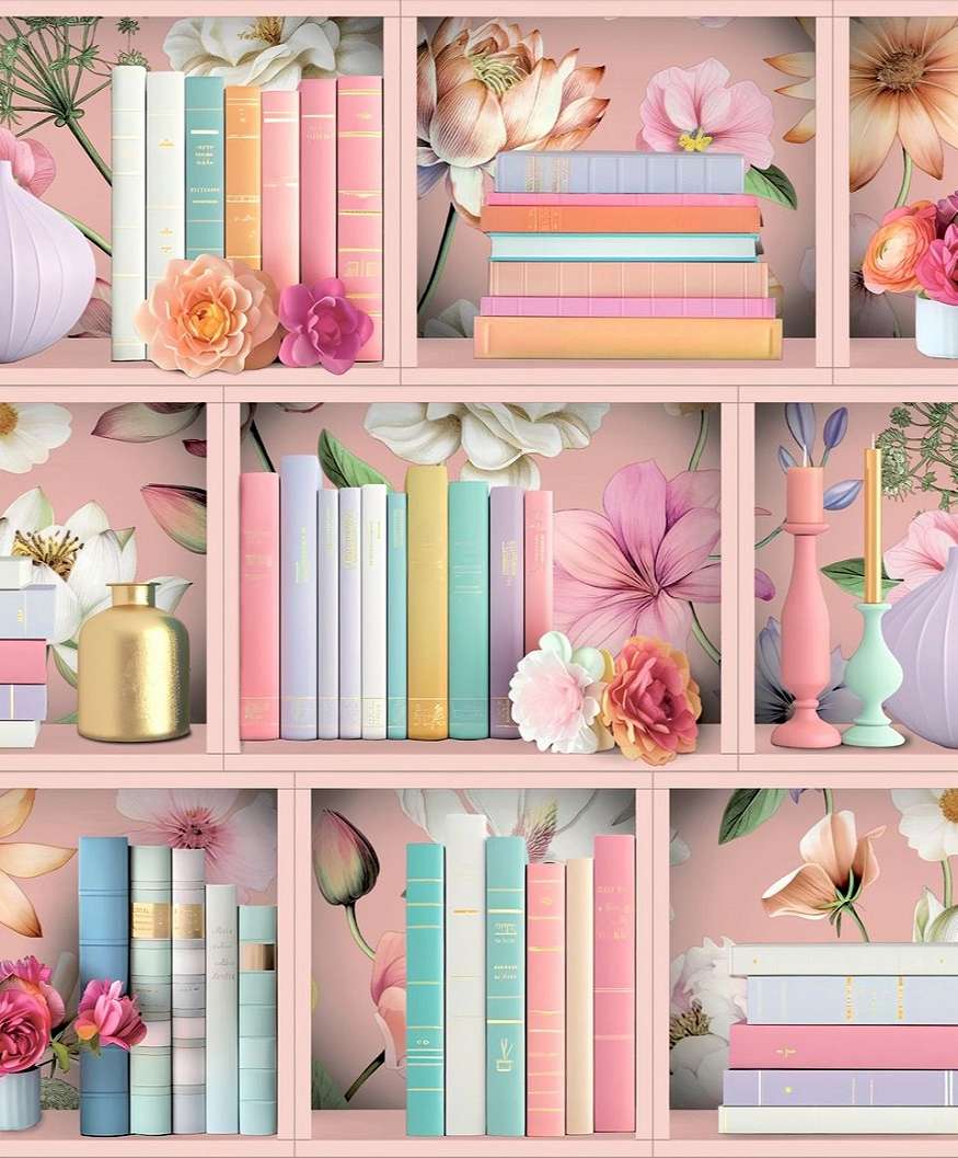 Mosható dekor tapéta könvespolc mintával, rózsaszín és kék színben