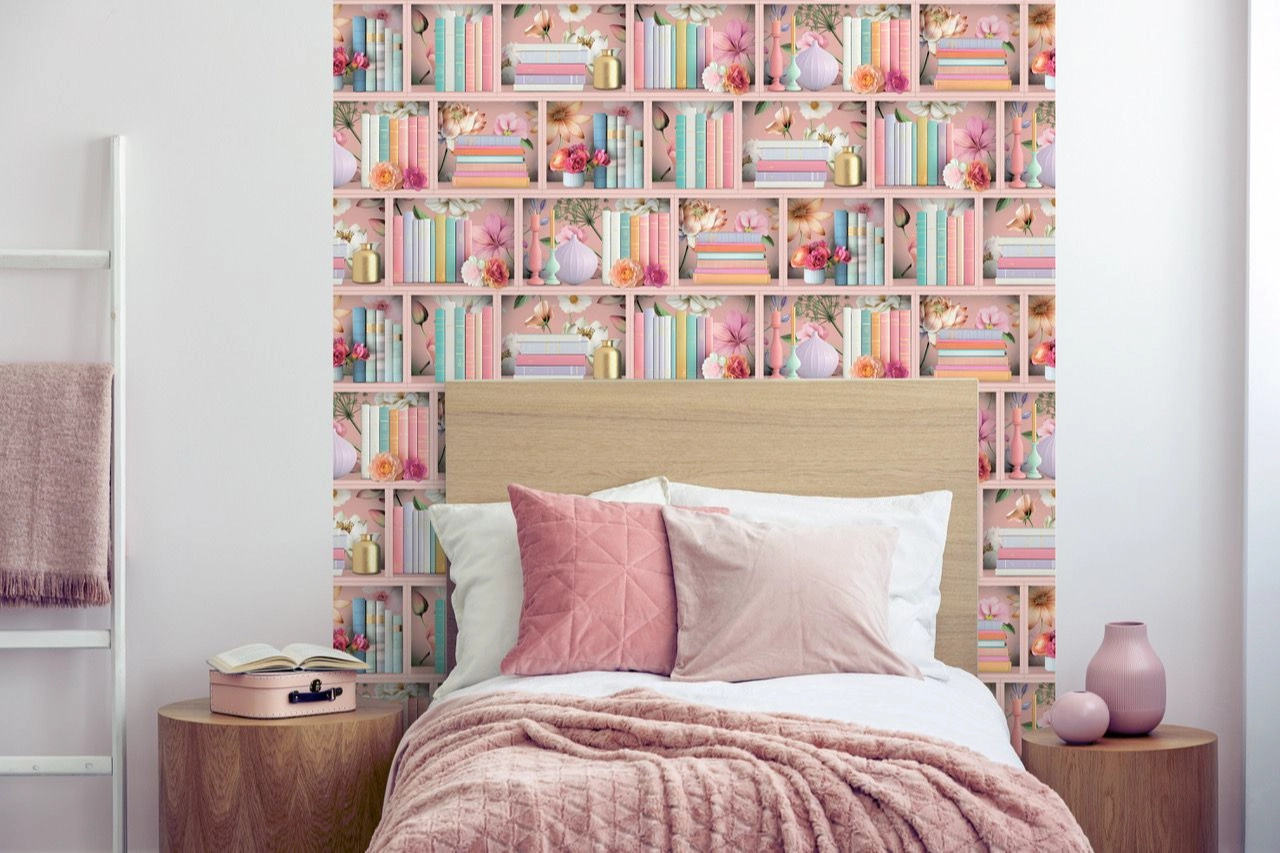 Mosható dekor tapéta könvespolc mintával, rózsaszín és kék színben