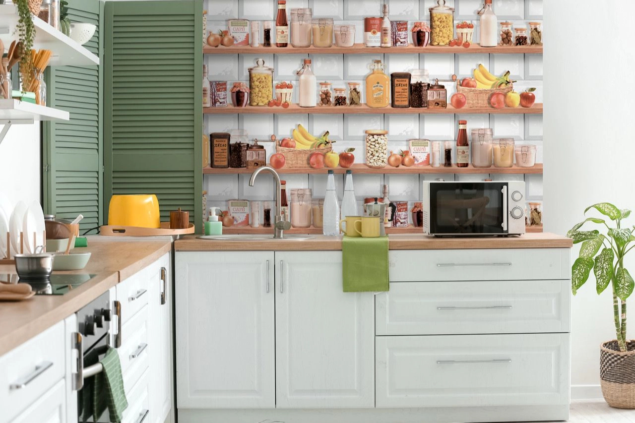 Mosható dekor tapéta konyhapolc minta szinesben