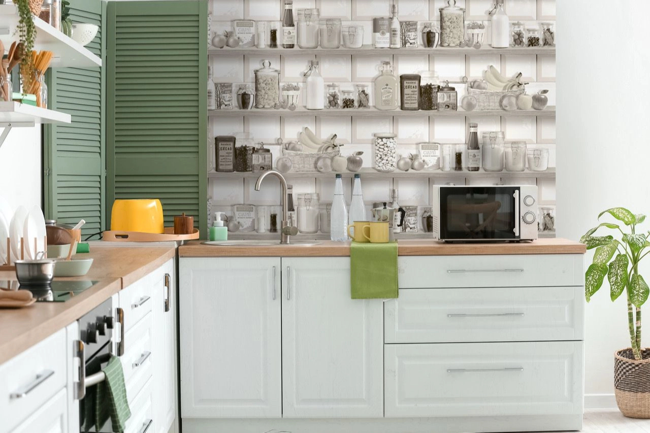 Mosható dekor tapéta konyhapolc minta szürke színben