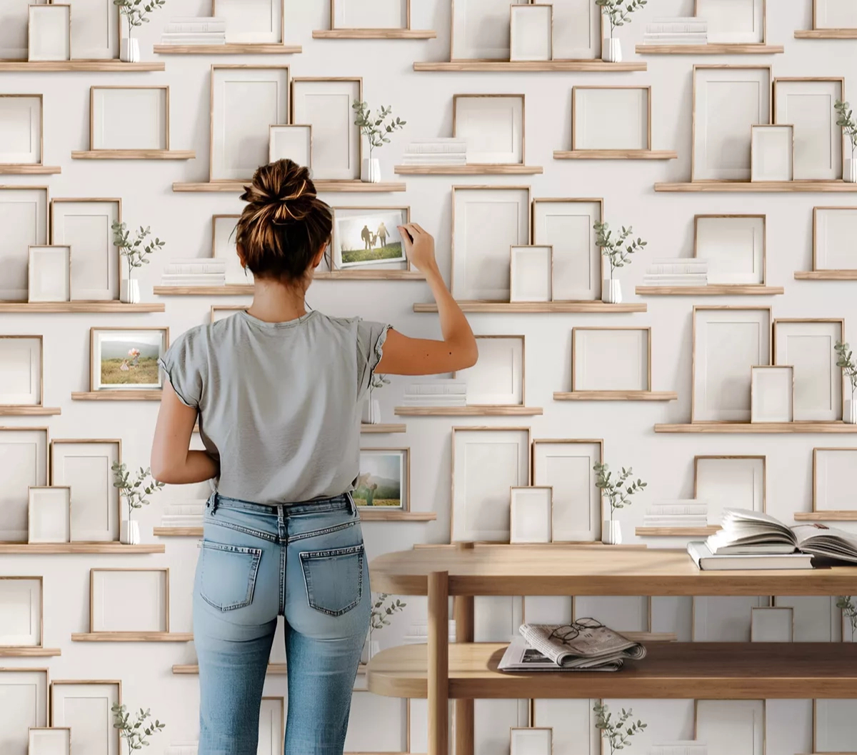 Mosható dekor tapéta könyvespolc mintával fehér színben