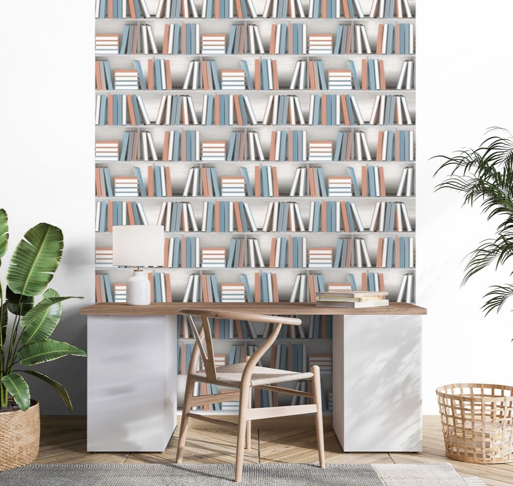 Mosható dekor tapéta könyvespolc mintával kék és barna színben