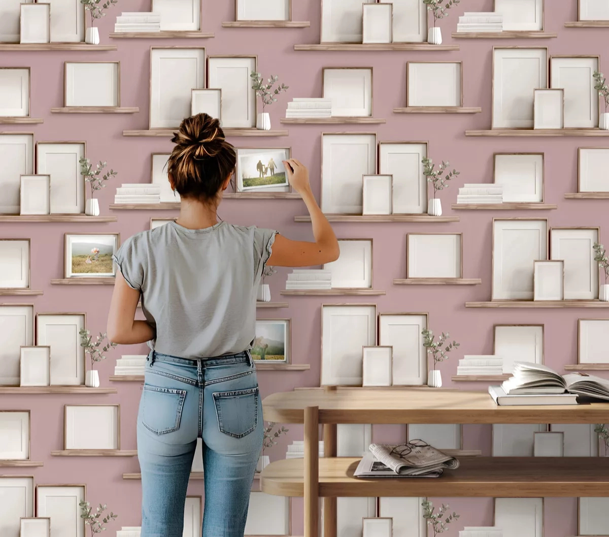 Mosható dekor tapéta könyvespolc mintával mályva színben