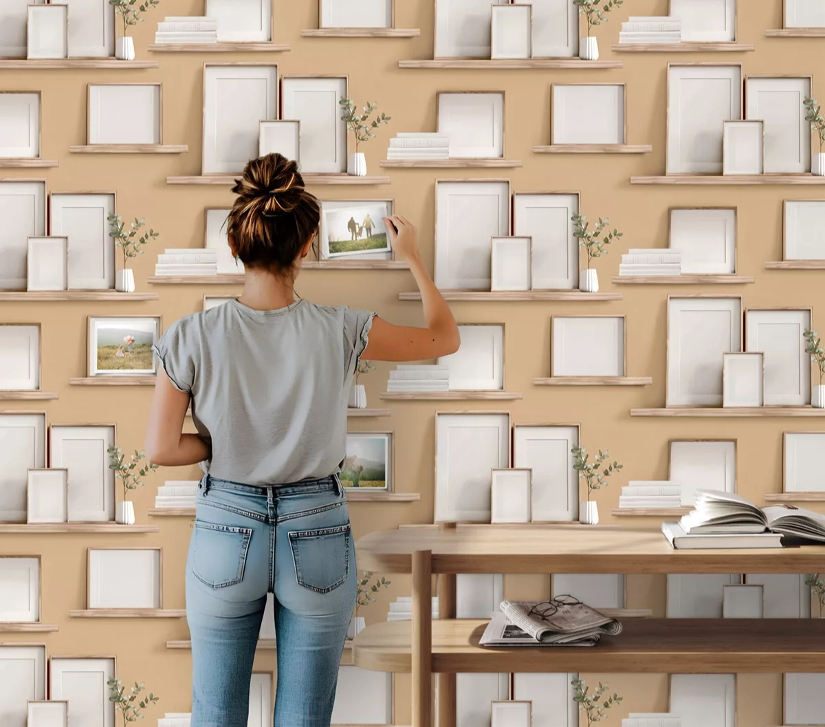 Mosható dekor tapéta könyvespolc mintával okker színben