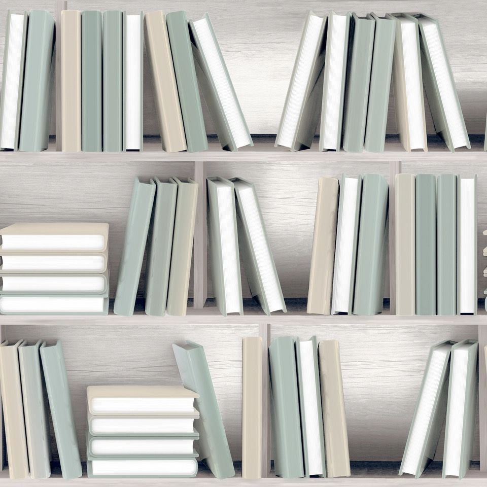 Mosható dekor tapéta könyvespolc mintával szürke és zöld színben