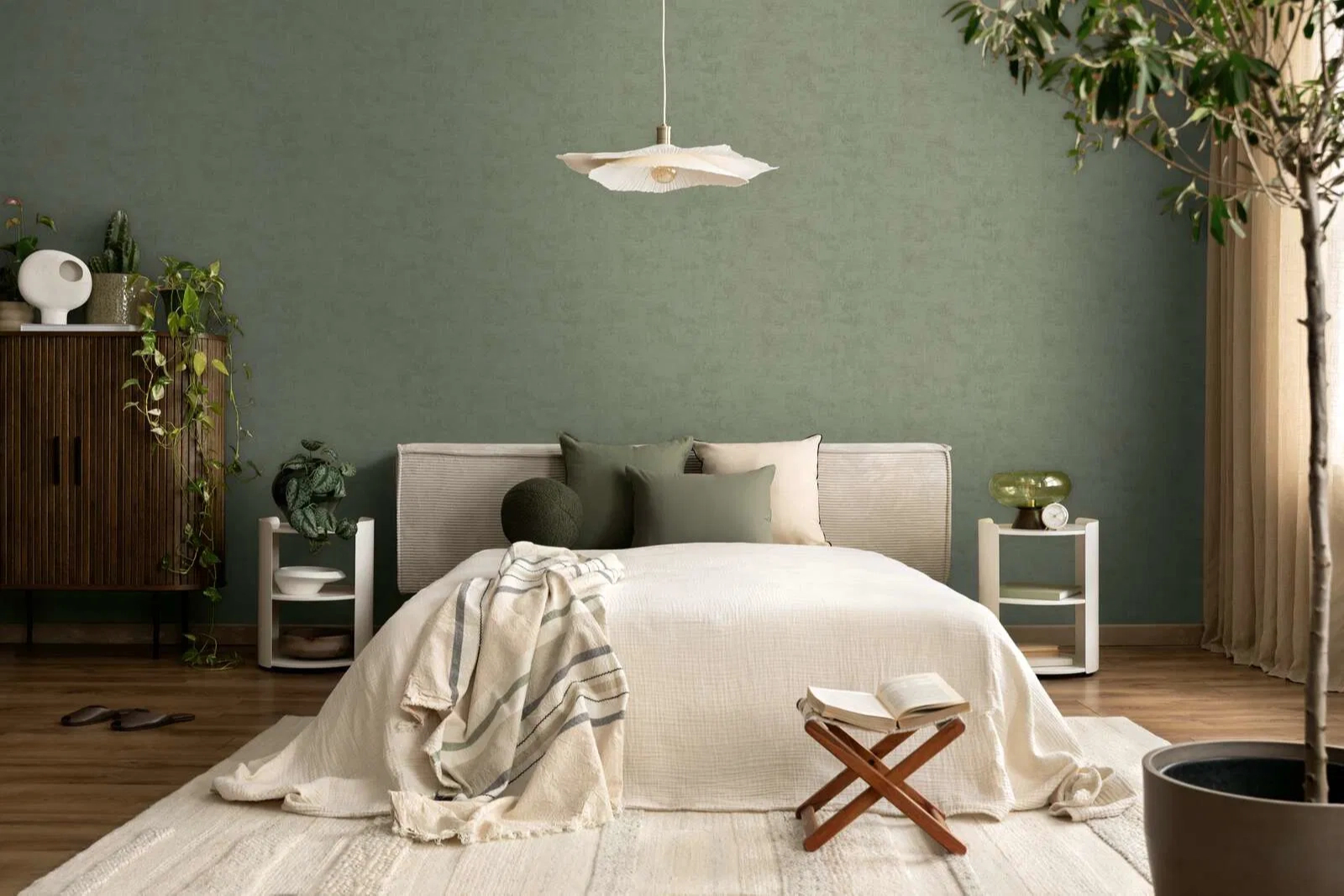 Mosható dekor tapéta koptatott mintával sötét zsályazöld színben