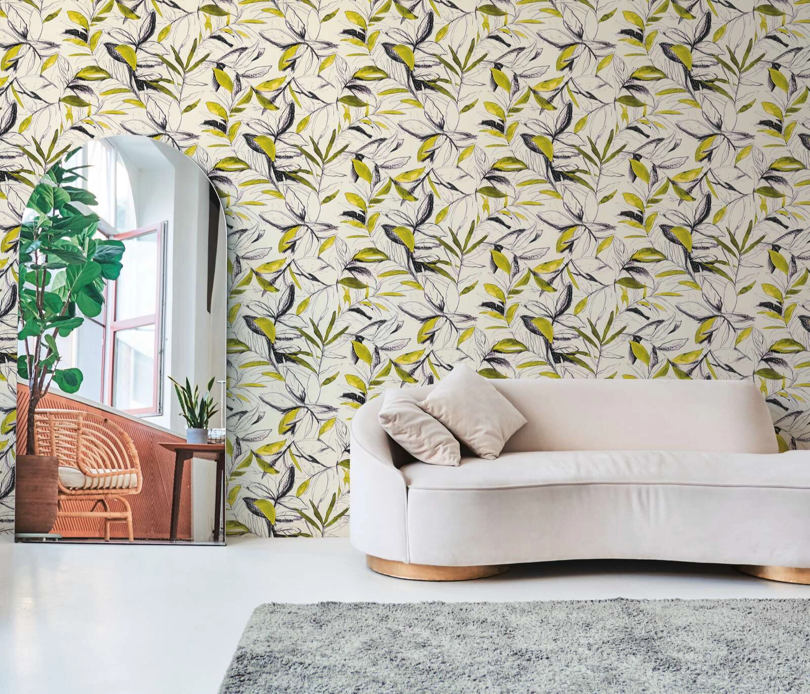 Mosható dekor tapéta levél mintával sárga és fekete színben