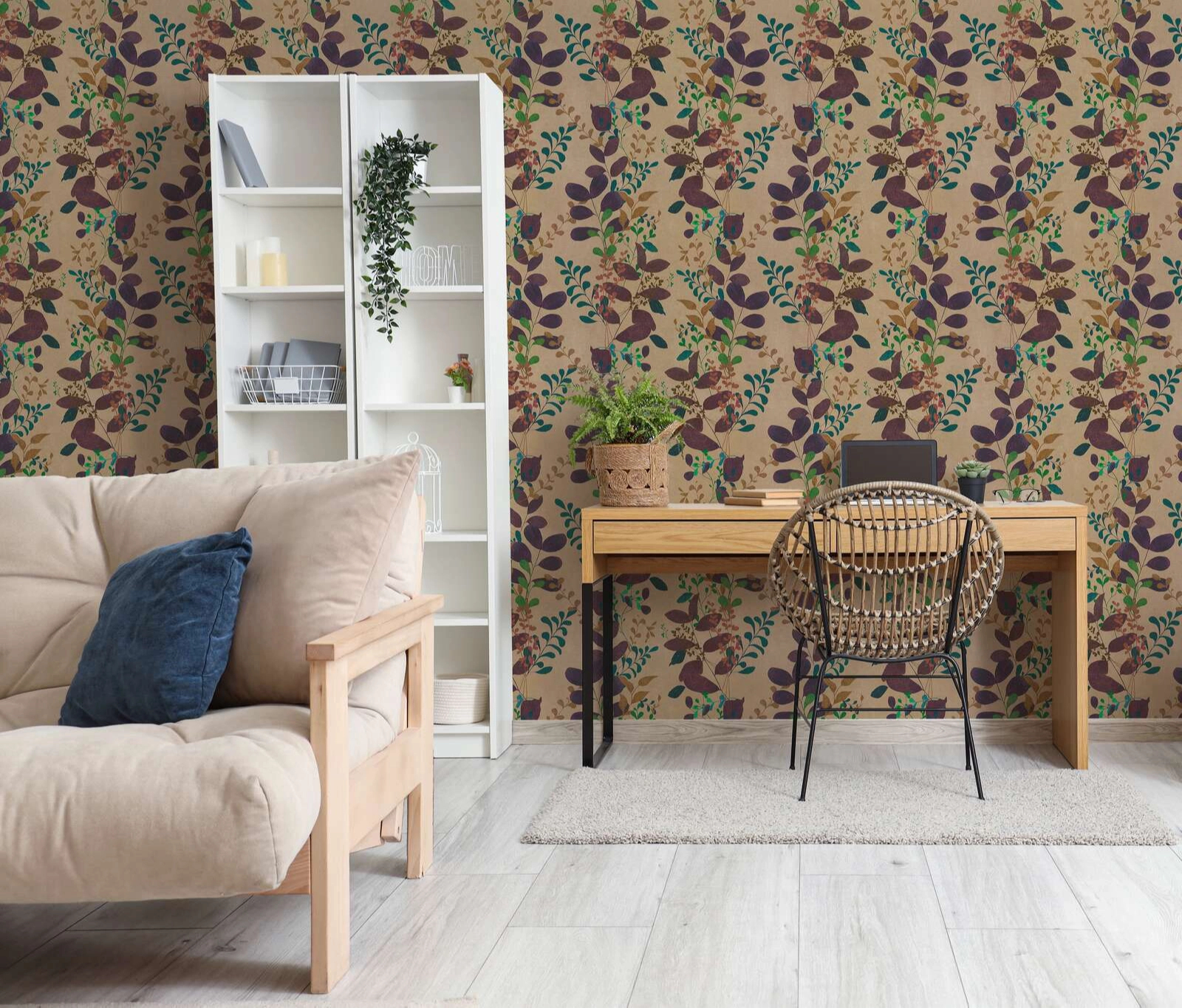 Mosható dekor tapéta leveles inda mintával barna és okker színben