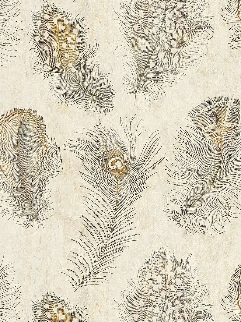 Mosható dekor tapéta madártoll mintával barna színben krém háttéren