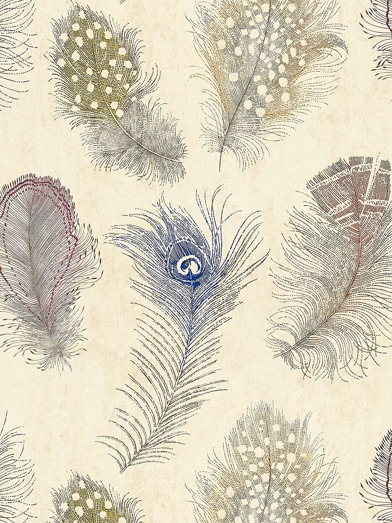 Mosható dekor tapéta madártoll mintával kék és barna színben krém háttéren