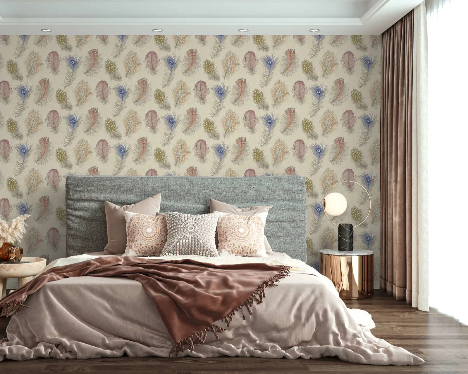 Mosható dekor tapéta madártoll mintával kék és barna színben krém háttéren