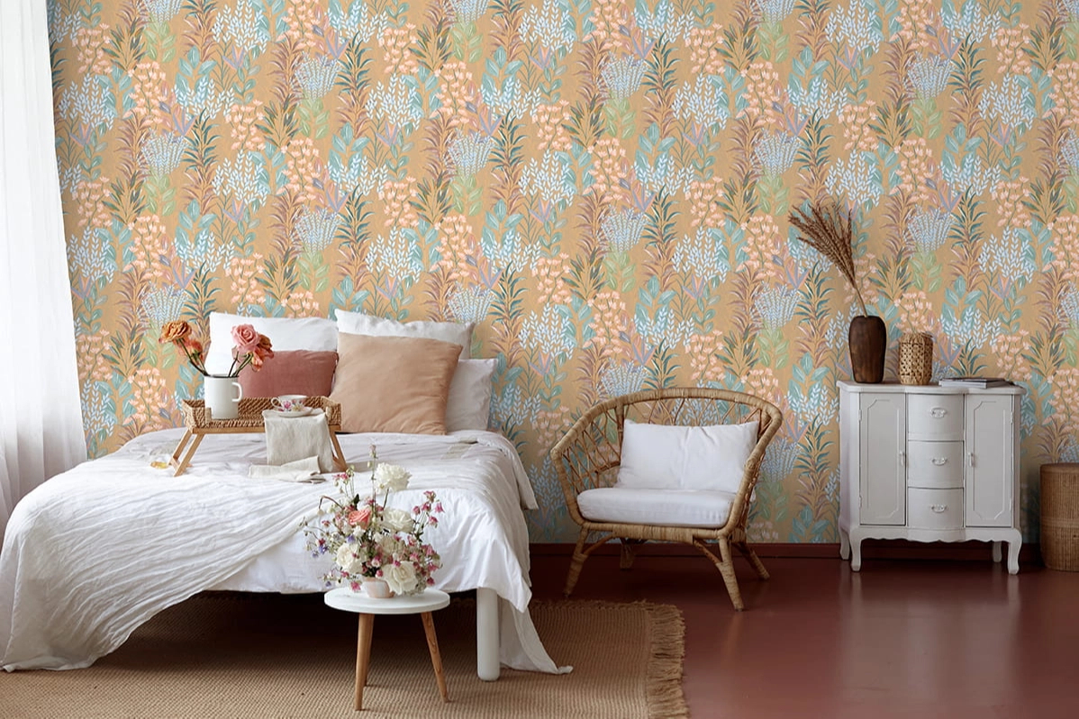 Mosható dekor tapéta mustársárga és fényes arany színű sokszínű mező mintával