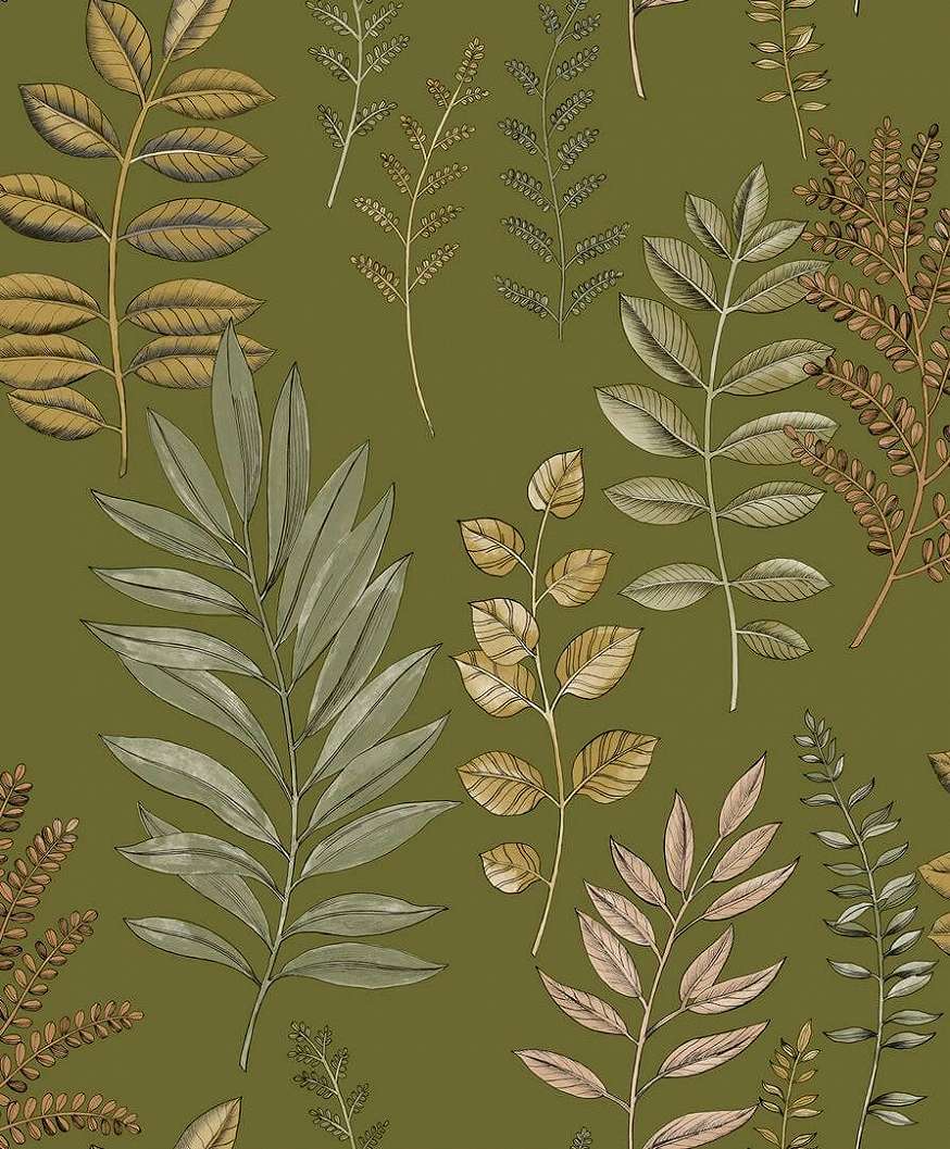 Mosható dekor tapéta olajzöld hátterű zöld és barna színes vertikális levél mintával