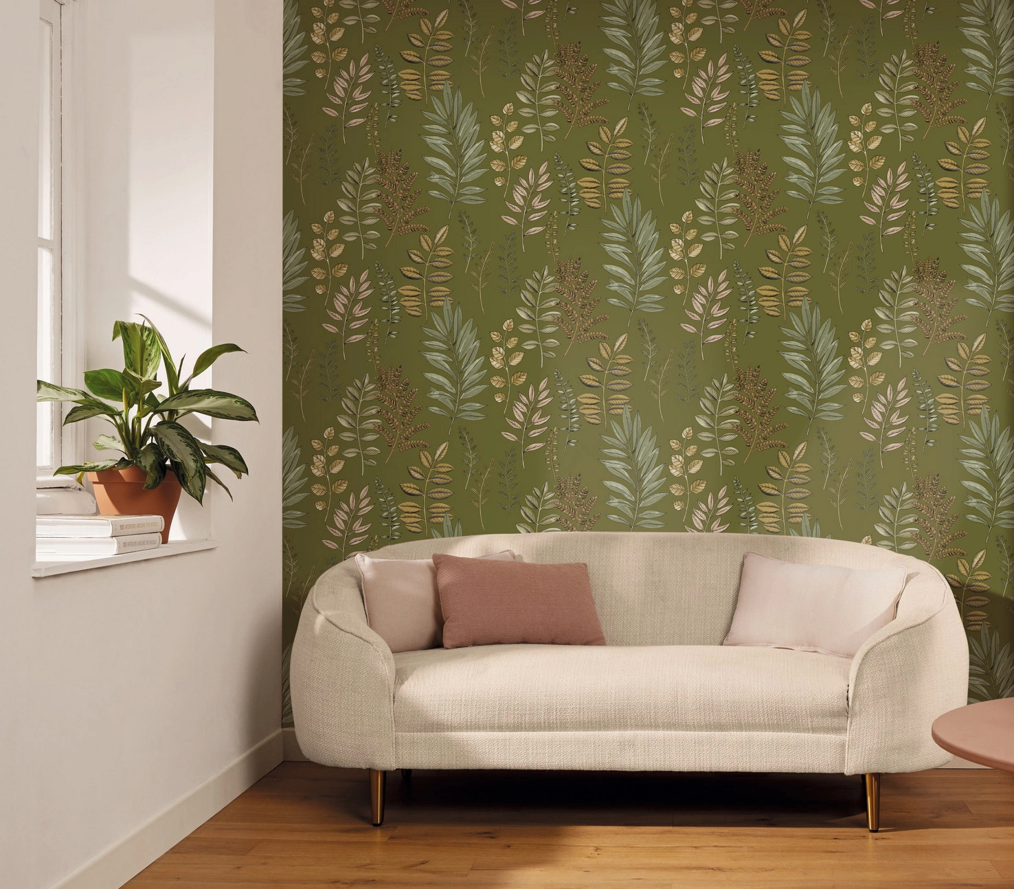 Mosható dekor tapéta olajzöld hátterű zöld és barna színes vertikális levél mintával