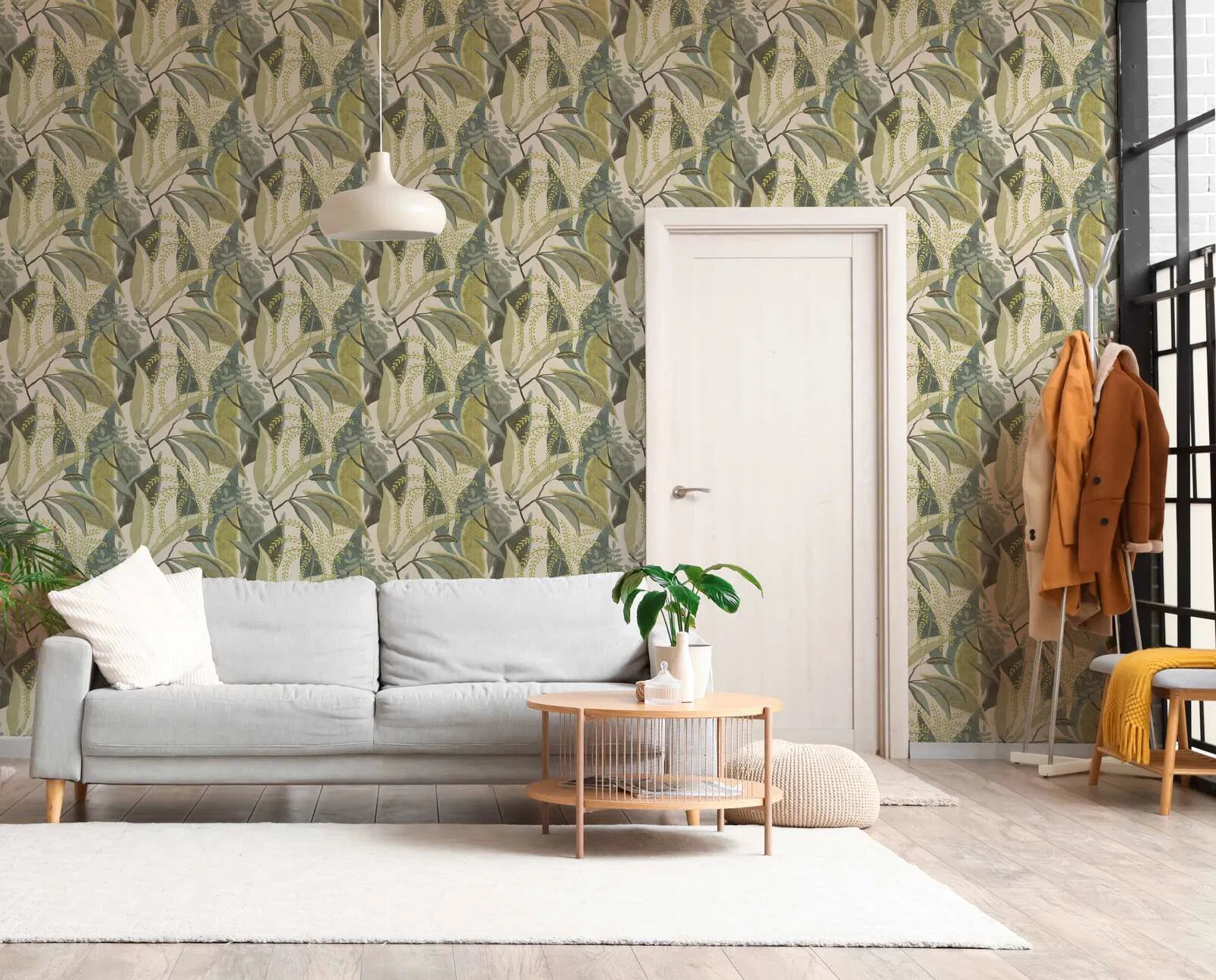 Mosható dekor tapéta pálma mintával zöld és beige színben