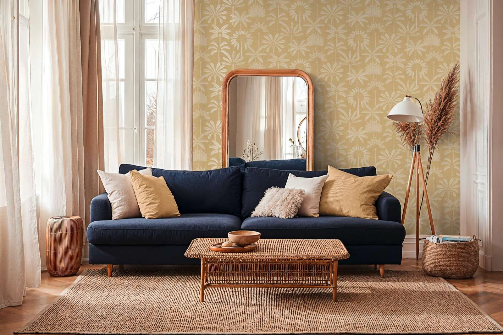 Mosható dekor tapéta pálmafa mintával enyhén fényes krém és barnassárga színben