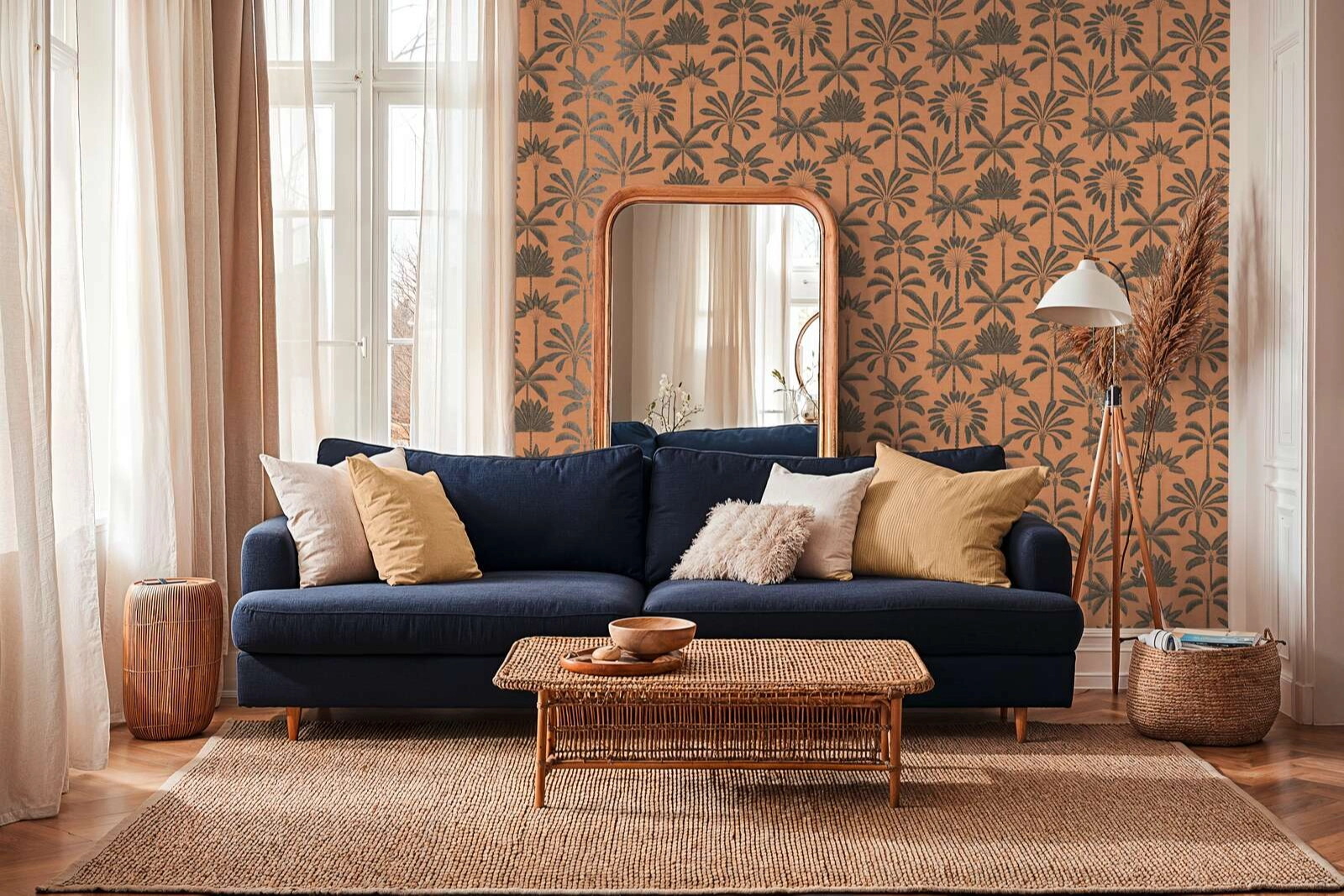 Mosható dekor tapéta pálmafa mintával enyhén fényes sötétszürke és terrakotta színben