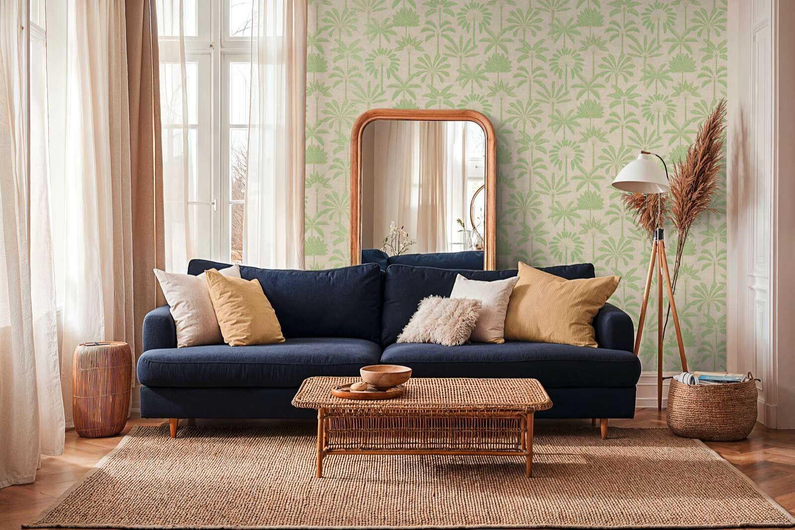 Mosható dekor tapéta pálmafa mintával enyhén fényes zöld és szürke színben