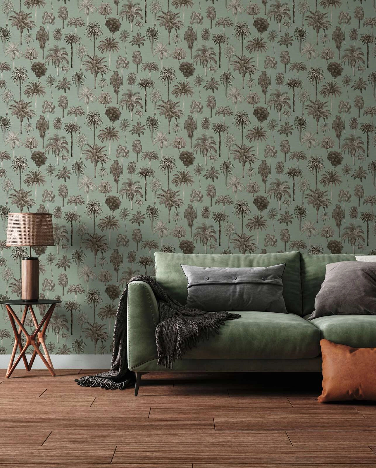 Mosható dekor tapéta pálmafa mintával szürkészöld színben