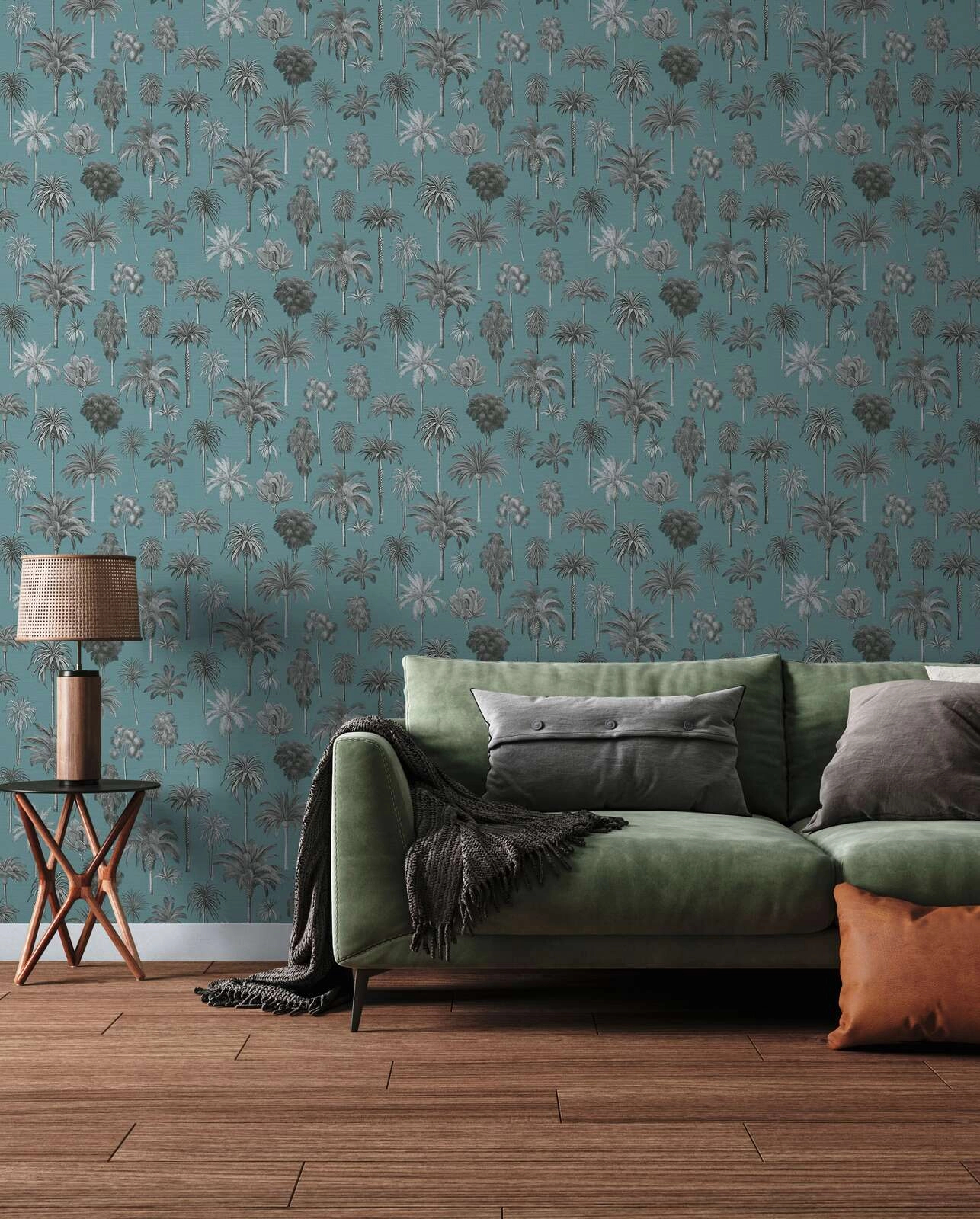 Mosható dekor tapéta pálmafa mintával türkiz színben