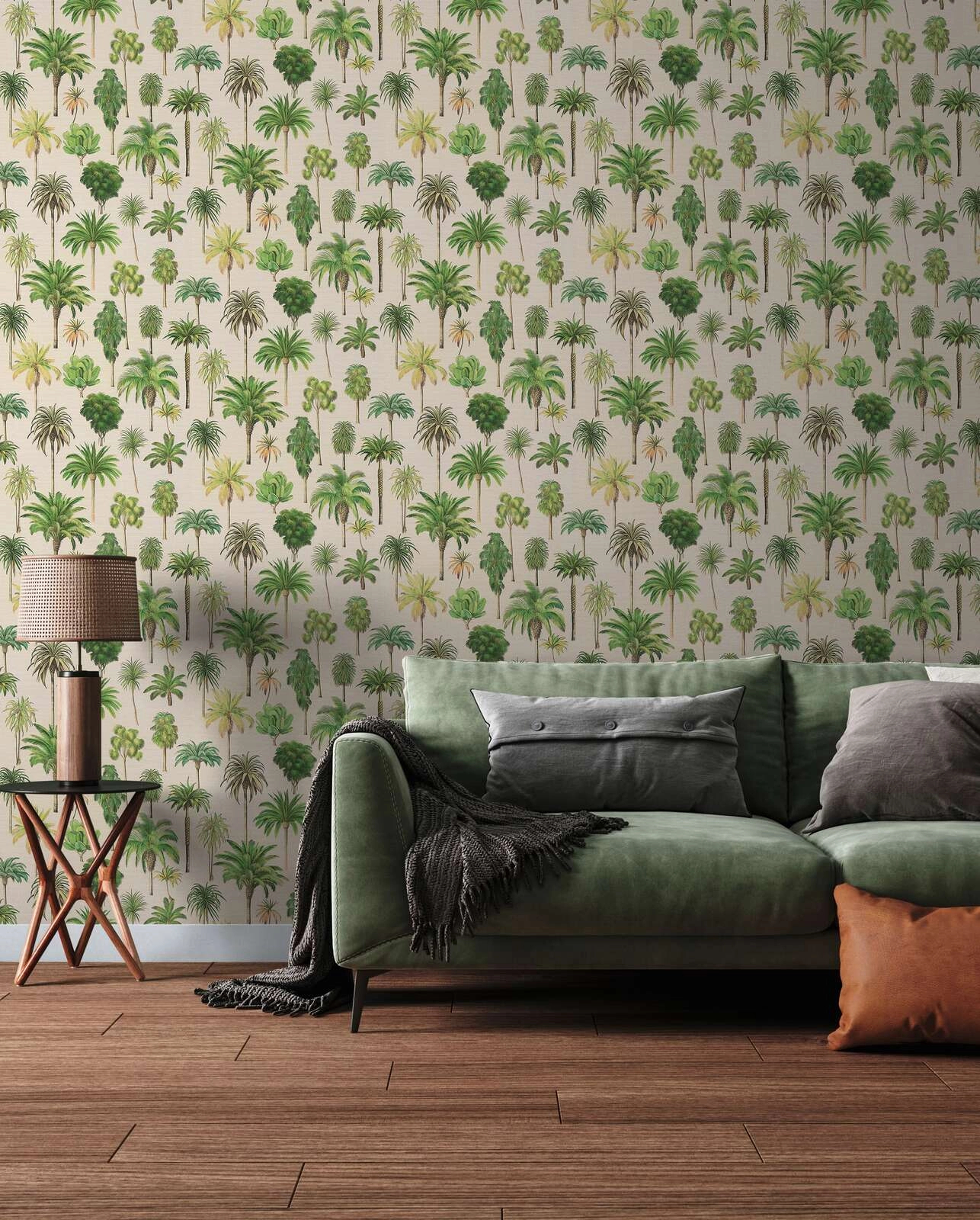 Mosható dekor tapéta pálmafa mintával zöld és krém színben