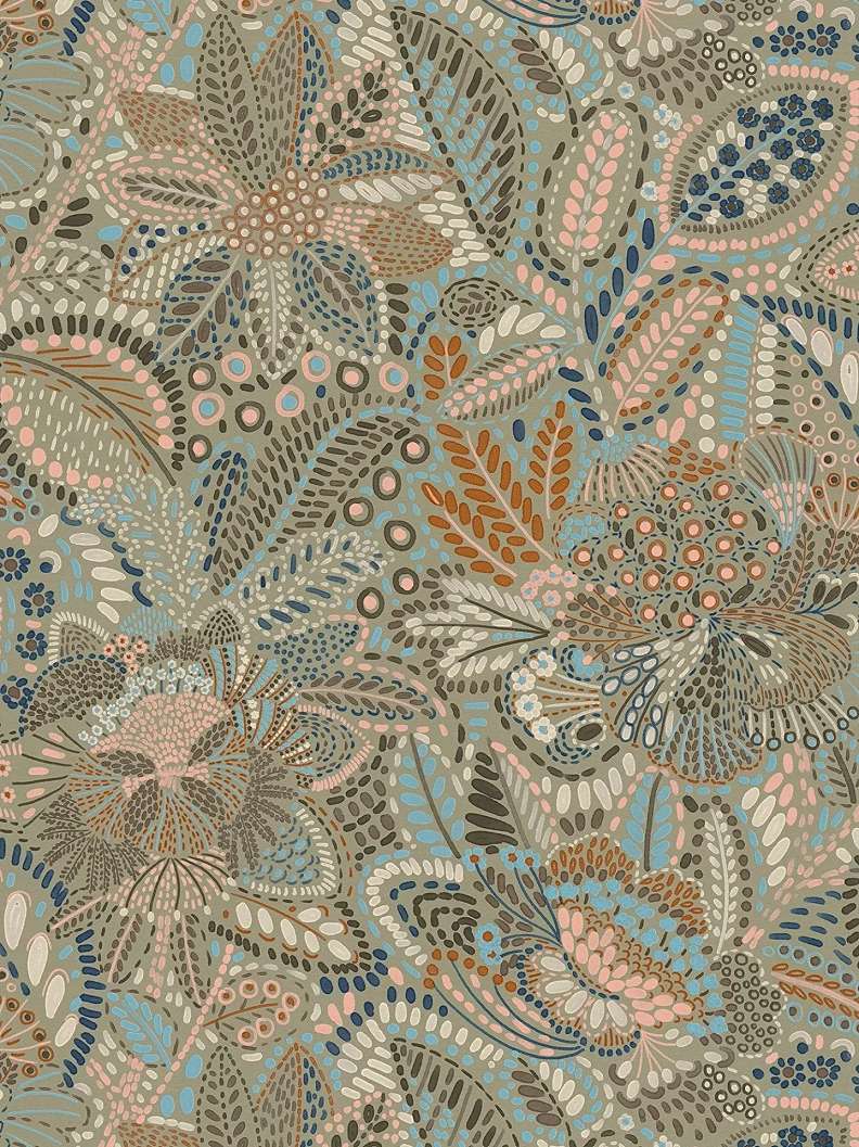 Mosható dekor tapéta pöttyözöt levél és virág mintával matt kék és terrakotta színben szürke háttéren