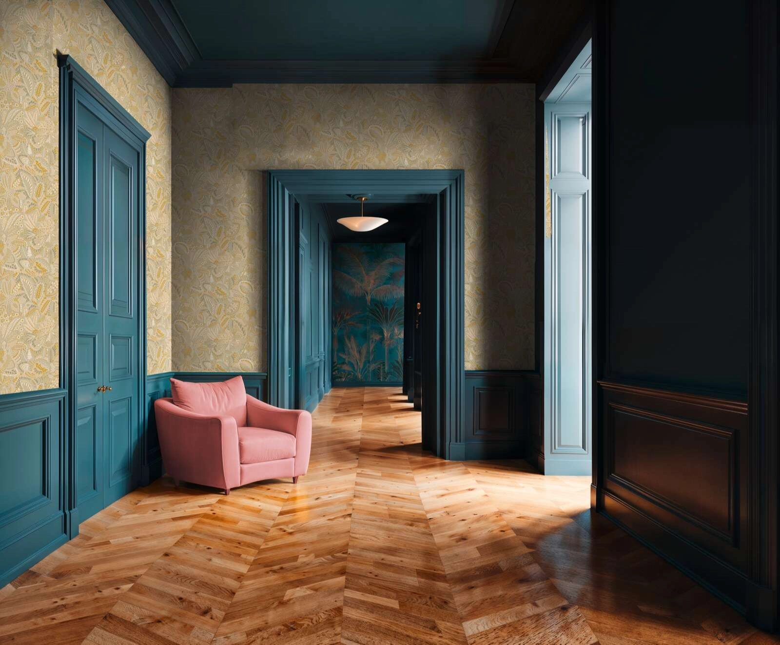 Mosható dekor tapéta pöttyözöt levél és virág mintával matt sárga és szürke színben