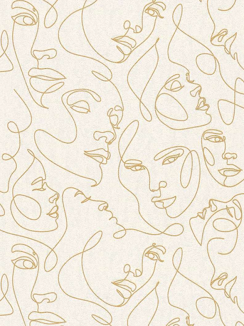 Mosható dekor tapéta rajzolt arc mintával metálos arany és krém színben